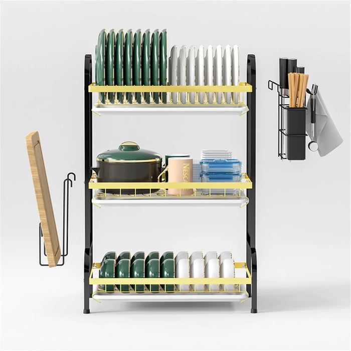 006-6427 3-Layer Iron Wire Kitchen Dish Bowl Storage Shelf Draining Rack with Chopstick Holder - 6