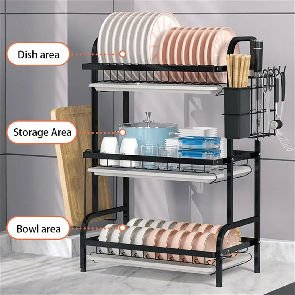 006-6364 3-Layer Iron Art Kitchen Storage Shelf Dish Bowl Draining Rack with Chopstick Holder - 2