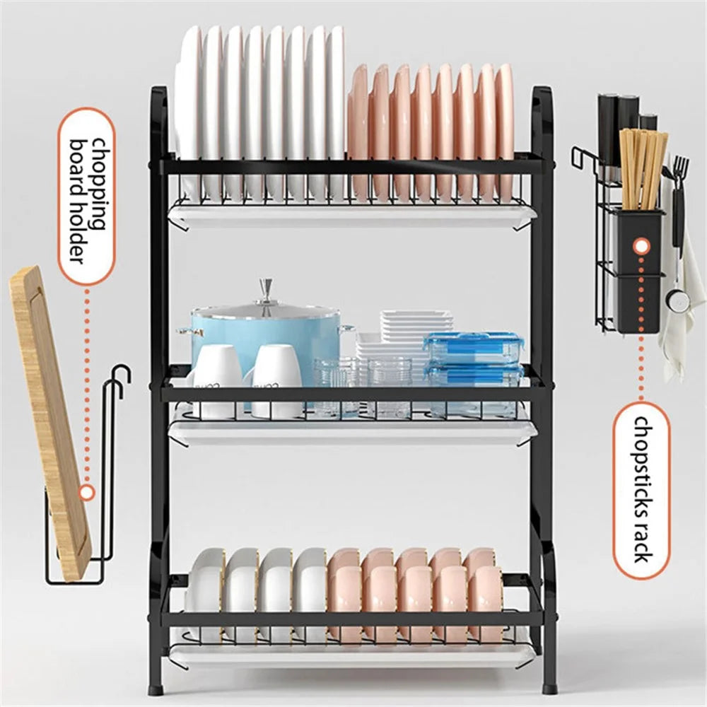 006-6364 3-Layer Iron Art Kitchen Storage Shelf Dish Bowl Draining Rack with Chopstick Holder - 3
