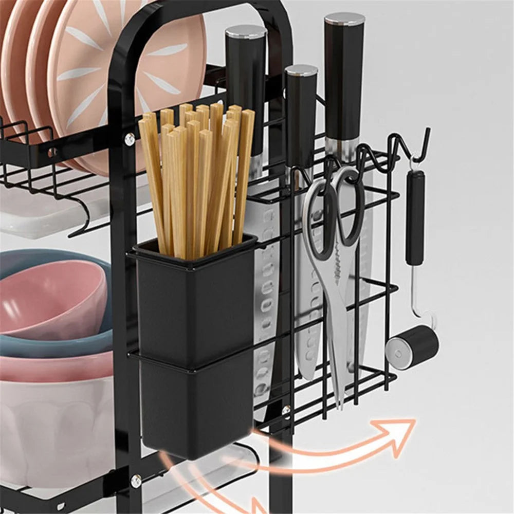 006-6364 3-Layer Iron Art Kitchen Storage Shelf Dish Bowl Draining Rack with Chopstick Holder - 4