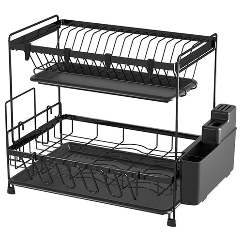 006-20C802HQTZ 2-Tier Dish Drainer Rack Metal Cutlery Utensil Drainer with Drip Tray / Chopstick Holder - 1
