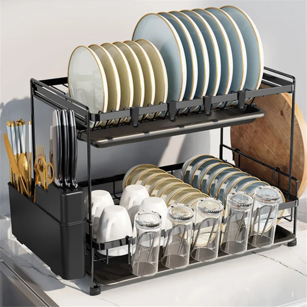 006-20C802HQTZ 2-Tier Dish Drainer Rack Metal Cutlery Utensil Drainer with Drip Tray / Chopstick Holder - 2