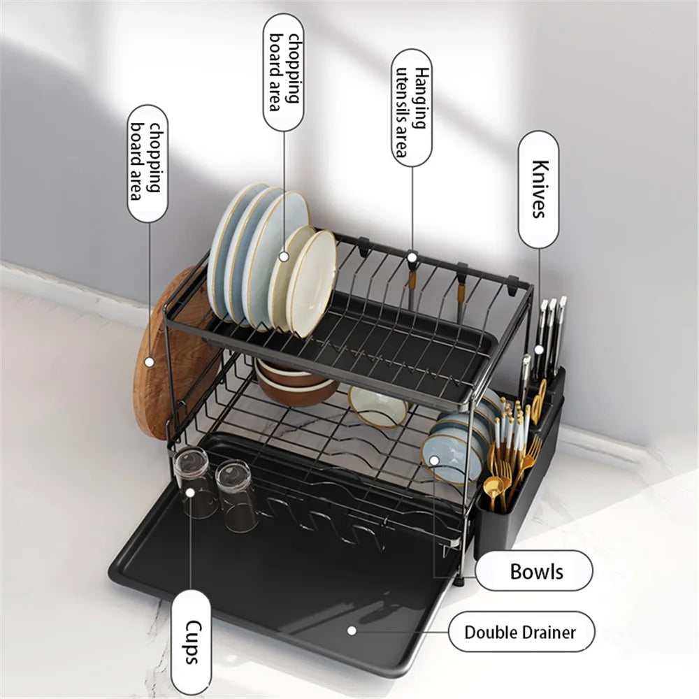 006-20C802HQTZ 2-Tier Dish Drainer Rack Metal Cutlery Utensil Drainer with Drip Tray / Chopstick Holder - 3