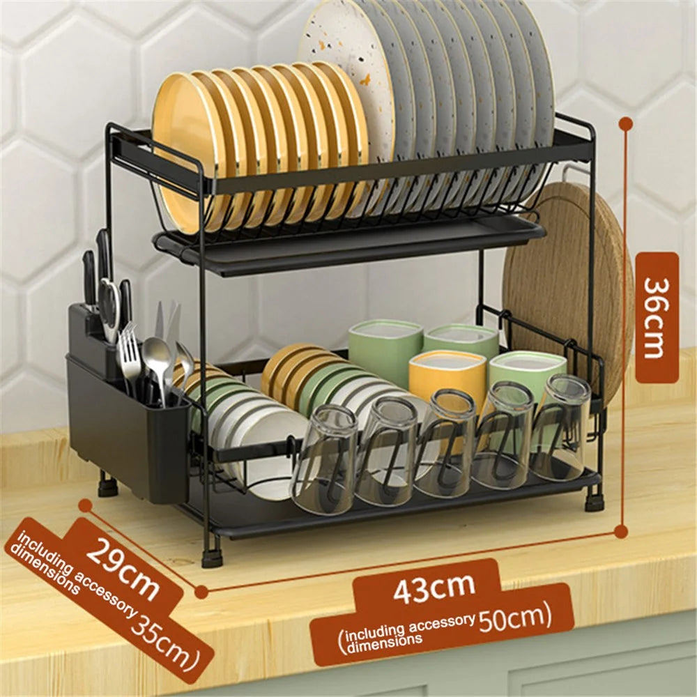 006-20C802HQTZ 2-Tier Dish Drainer Rack Metal Cutlery Utensil Drainer with Drip Tray / Chopstick Holder - 7