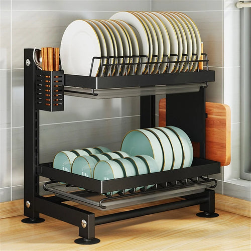 006-WDJ-6788-2BK 2 Tier Dish Drainer Rack Kitchen Countertop Bowl Plate Holder with Drip Tray - 1