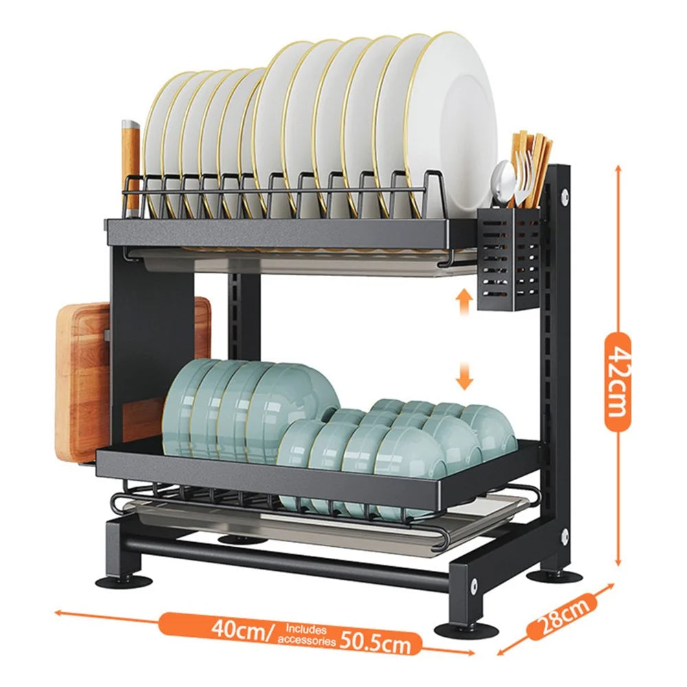006-WDJ-6788-2BK 2 Tier Dish Drainer Rack Kitchen Countertop Bowl Plate Holder with Drip Tray - 7
