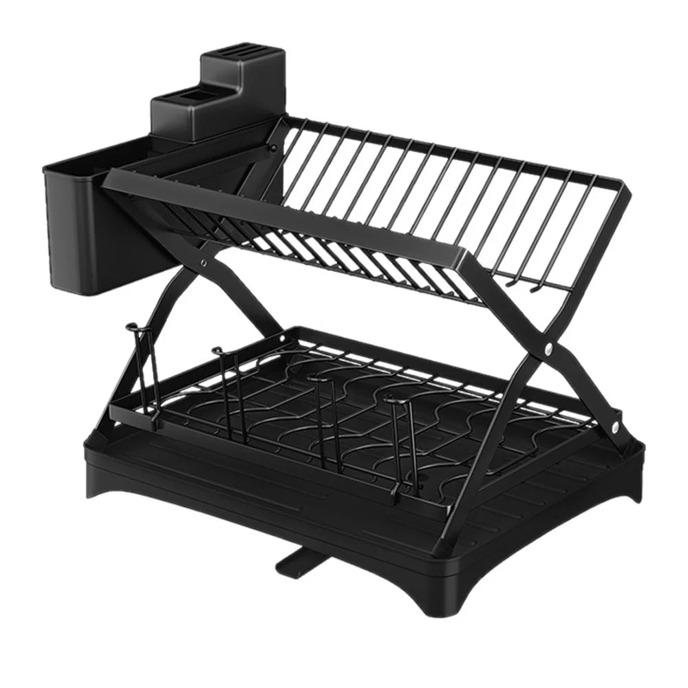 006-WDJ-6958-BK Storage Drain Rack for Kitchen Double-Layer Tableware Folding Container Holder, Black - 1