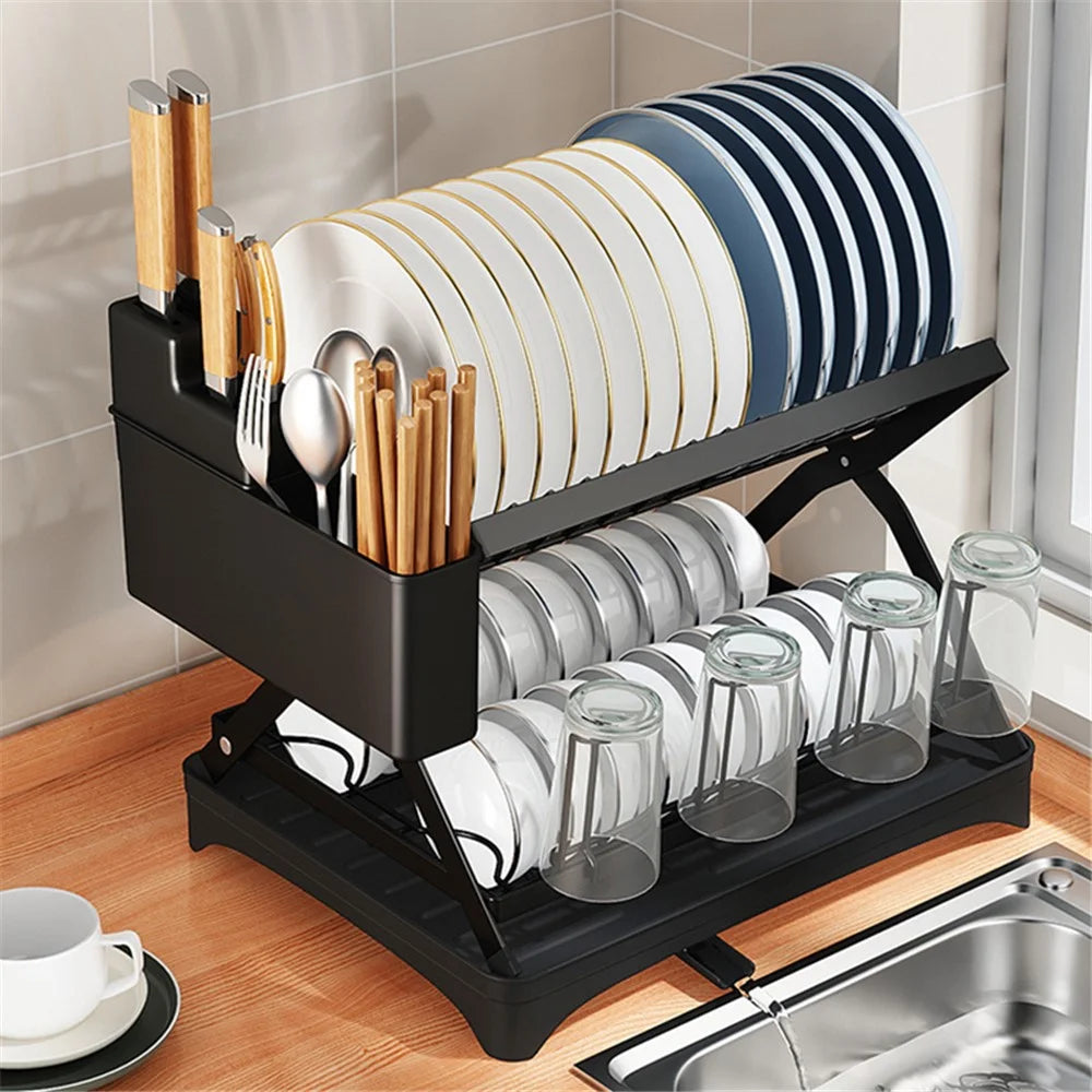 006-WDJ-6958-BK Storage Drain Rack for Kitchen Double-Layer Tableware Folding Container Holder, Black - 3