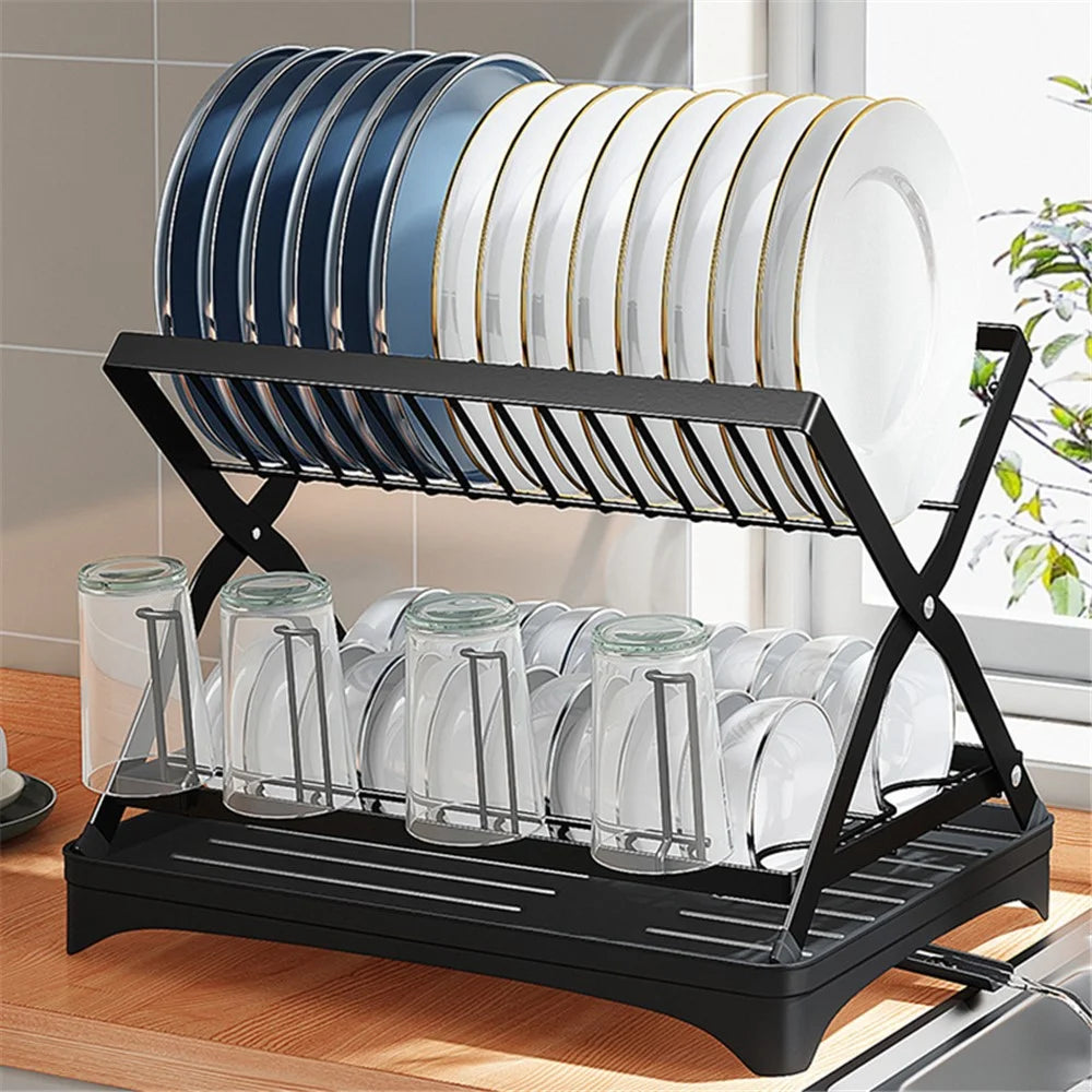 006-WDJ-6958-BK Storage Drain Rack for Kitchen Double-Layer Tableware Folding Container Holder, Black - 4
