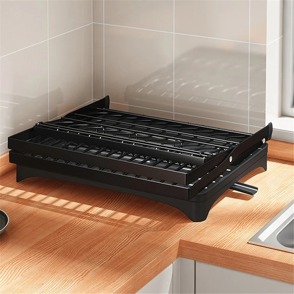 006-WDJ-6958-BK Storage Drain Rack for Kitchen Double-Layer Tableware Folding Container Holder, Black - 5