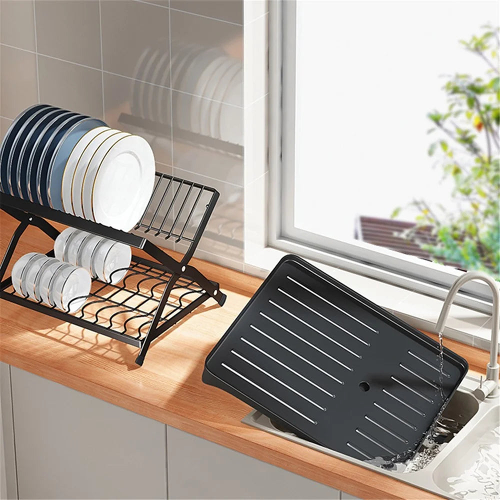 006-WDJ-6958-BK Storage Drain Rack for Kitchen Double-Layer Tableware Folding Container Holder, Black - 6