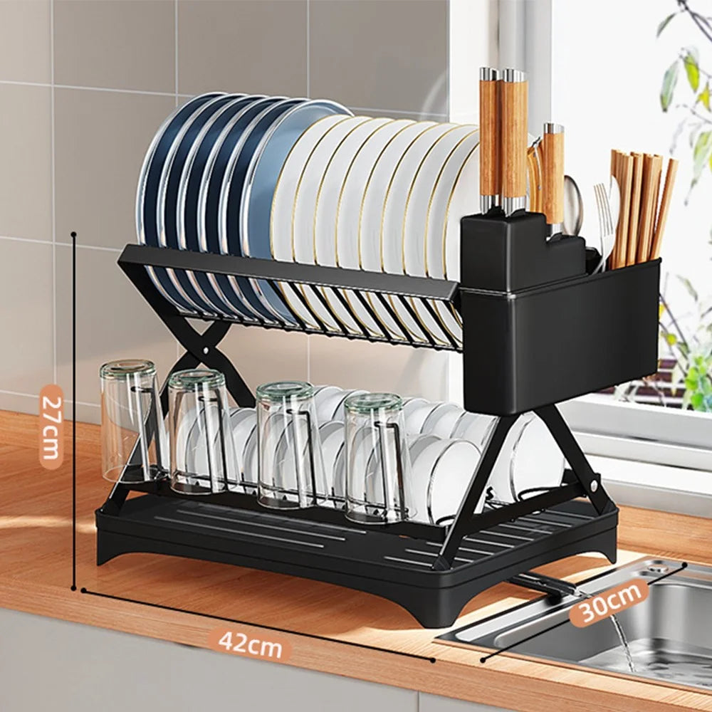 006-WDJ-6958-BK Storage Drain Rack for Kitchen Double-Layer Tableware Folding Container Holder, Black - 7