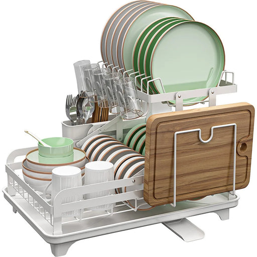 006-WDJ-8023 Dish Drying Rack 2 Tier Kitchen Organizers with Cup / Cutting Board Holders - White - 1