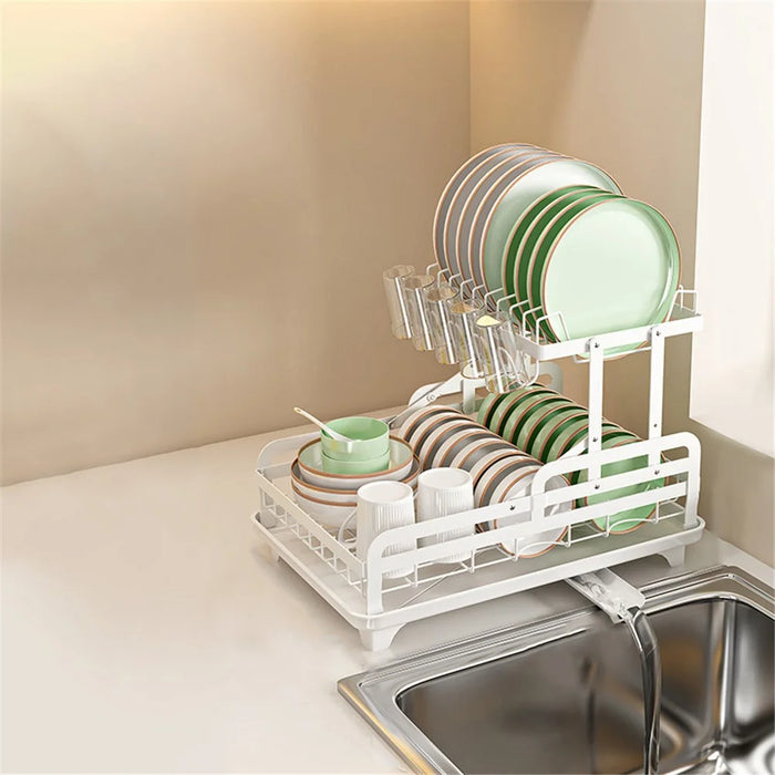 006-WDJ-8023 Dish Drying Rack 2 Tier Kitchen Organizers with Cup / Cutting Board Holders - White - 2