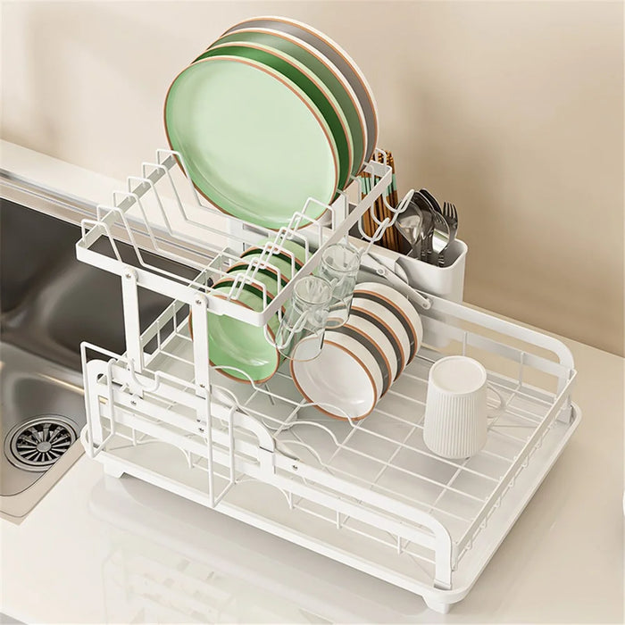 006-WDJ-8023 Dish Drying Rack 2 Tier Kitchen Organizers with Cup / Cutting Board Holders - White - 4