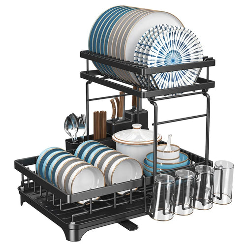 006-WDJ-6937B-WH Dish Drying Rack with Expandable Drain Spout Kitchen Countertop Rack Holder for Bowls Cutlery Forks - Black - 1