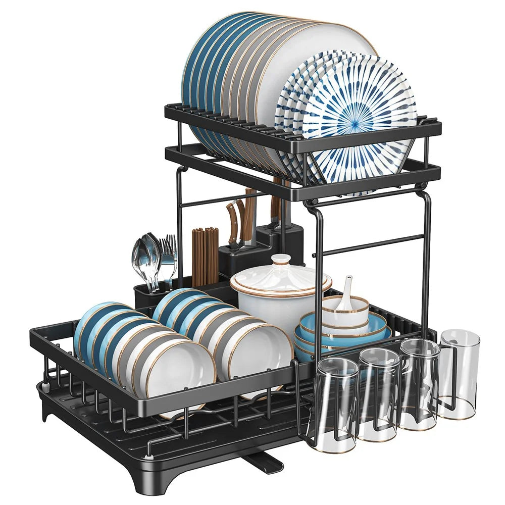 006-WDJ-6937B-WH Dish Drying Rack with Expandable Drain Spout Kitchen Countertop Rack Holder for Bowls Cutlery Forks - Black - 1