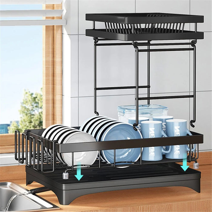 006-WDJ-6937B-WH Dish Drying Rack with Expandable Drain Spout Kitchen Countertop Rack Holder for Bowls Cutlery Forks - Black - 3