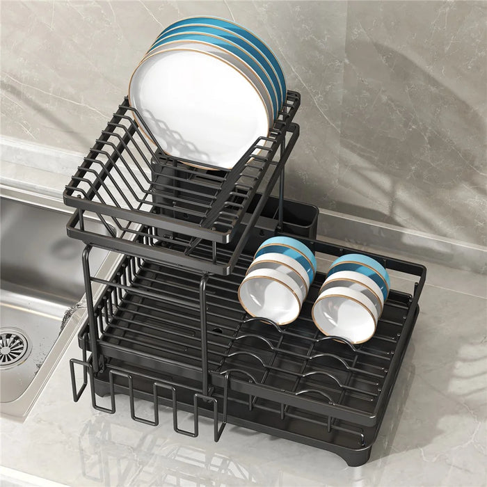 006-WDJ-6937B-WH Dish Drying Rack with Expandable Drain Spout Kitchen Countertop Rack Holder for Bowls Cutlery Forks - Black - 4