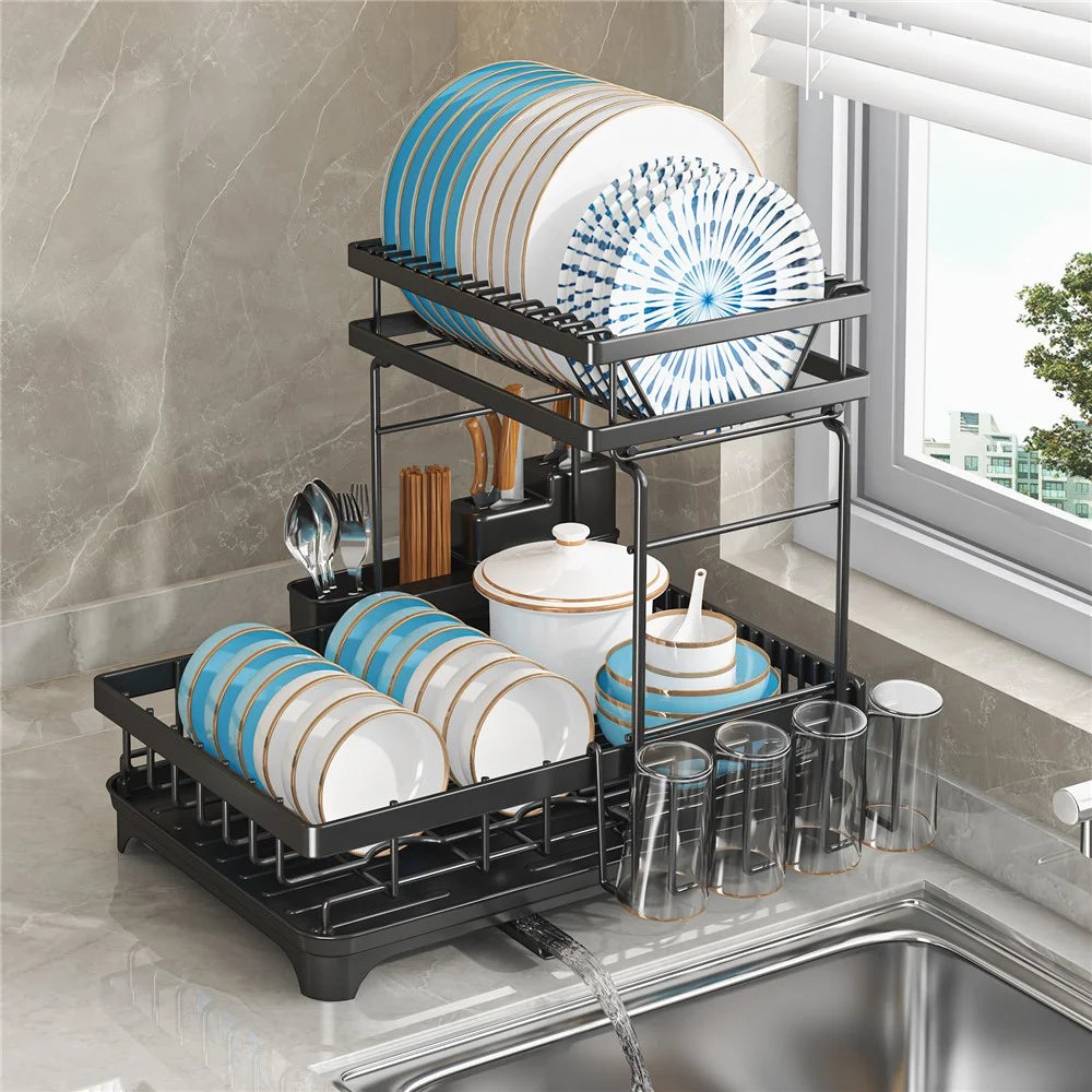 006-WDJ-6937B-WH Dish Drying Rack with Expandable Drain Spout Kitchen Countertop Rack Holder for Bowls Cutlery Forks - Black - 5