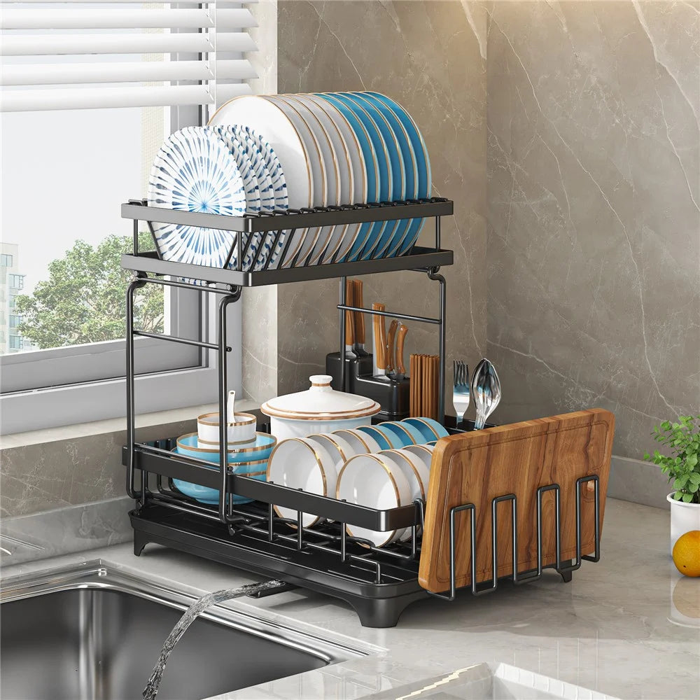 006-WDJ-6937B-WH Dish Drying Rack with Expandable Drain Spout Kitchen Countertop Rack Holder for Bowls Cutlery Forks - Black - 6