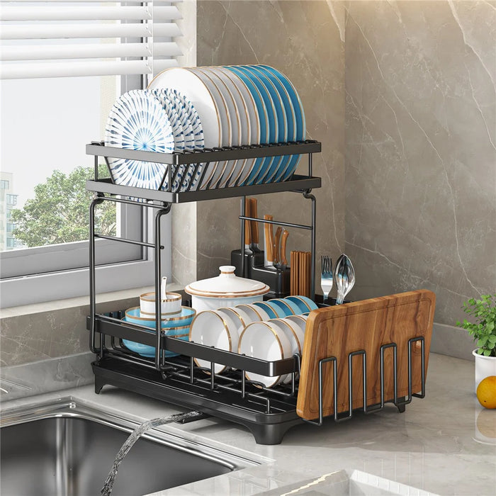 006-WDJ-6937B-WH Dish Drying Rack with Expandable Drain Spout Kitchen Countertop Rack Holder for Bowls Cutlery Forks - Black - 6