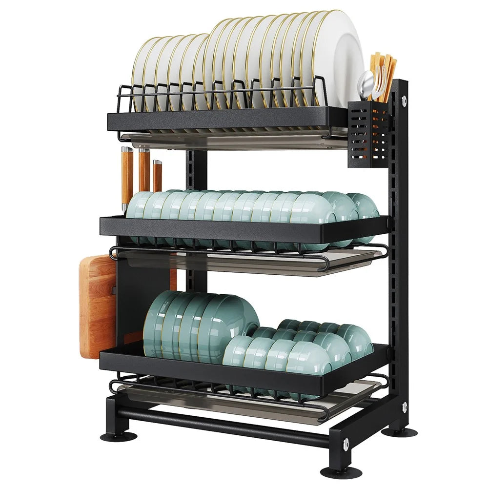 006-WDJ-6790-3BK 3-Tier Dish Drainer Rack with Drip Tray / Utensils Holder Dish Rack for Kitchen Counter - 1