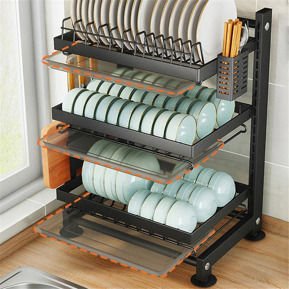 006-WDJ-6790-3BK 3-Tier Dish Drainer Rack with Drip Tray / Utensils Holder Dish Rack for Kitchen Counter - 7
