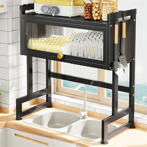006-SCJ-6838C-75 Dish Drying Rack with Door Kitchen Over Sink Metal Storage Shelf - Black - 1
