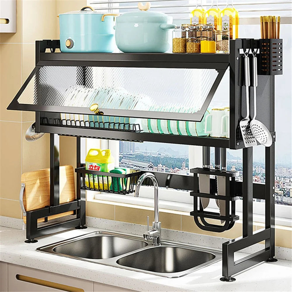 006-SCJ-6838C-75 Dish Drying Rack with Door Kitchen Over Sink Metal Storage Shelf - Black - 3