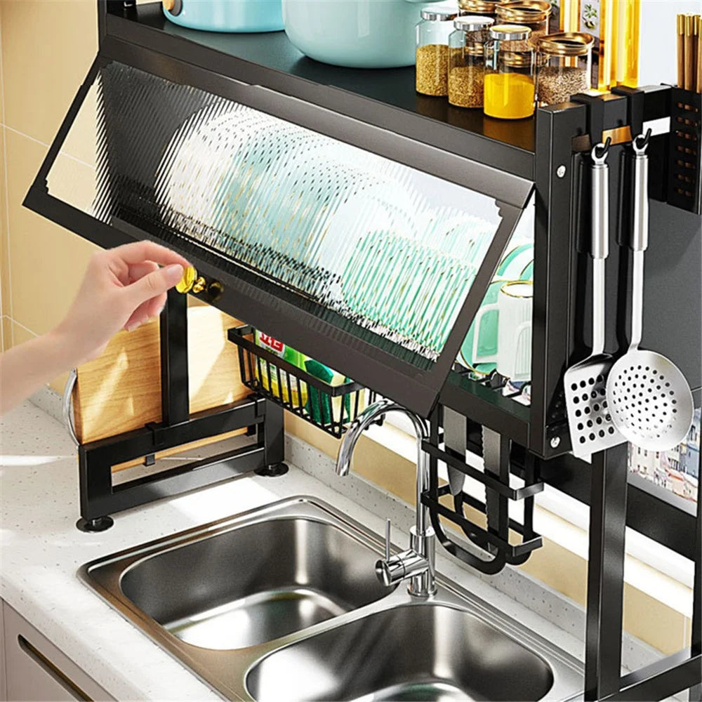 006-SCJ-6838C-75 Dish Drying Rack with Door Kitchen Over Sink Metal Storage Shelf - Black - 4