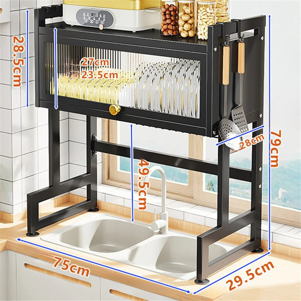 006-SCJ-6838C-75 Dish Drying Rack with Door Kitchen Over Sink Metal Storage Shelf - Black - 7