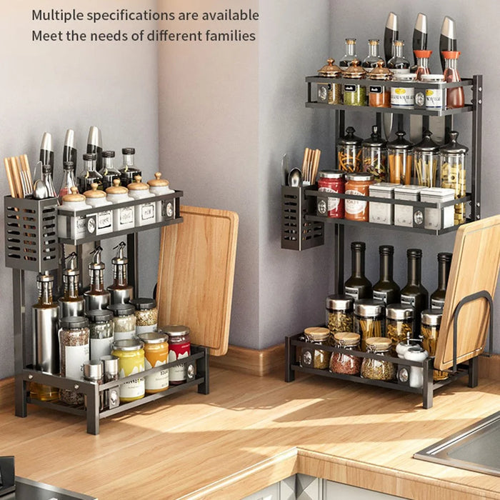 006-6374 3 Tier Spice Rack Stand Metal Kitchen Jar Shelf with Utensil Cutlery Holder - 3