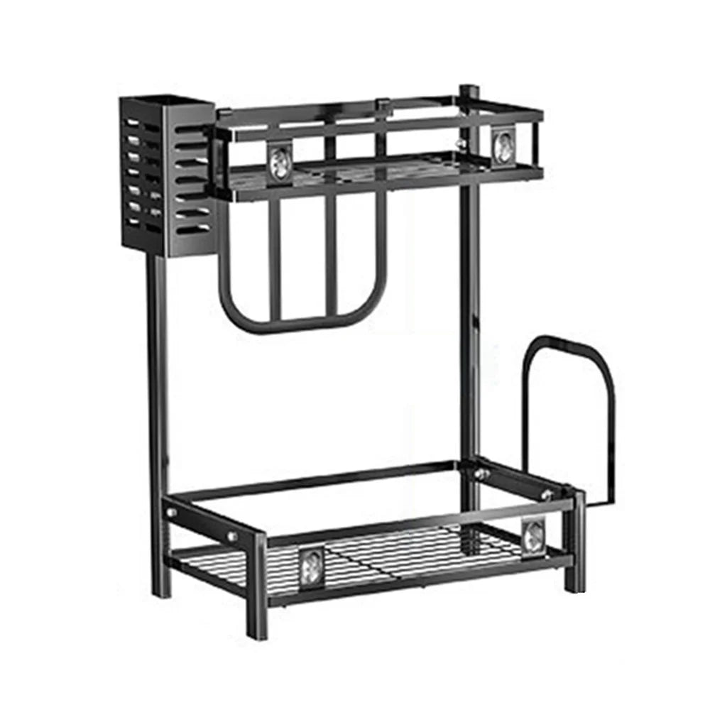 006-6373 2-Layer Black Storage Rack for Kitchen Countertop Spice Container with Cutting Boards, Chopsticks Holder - 1