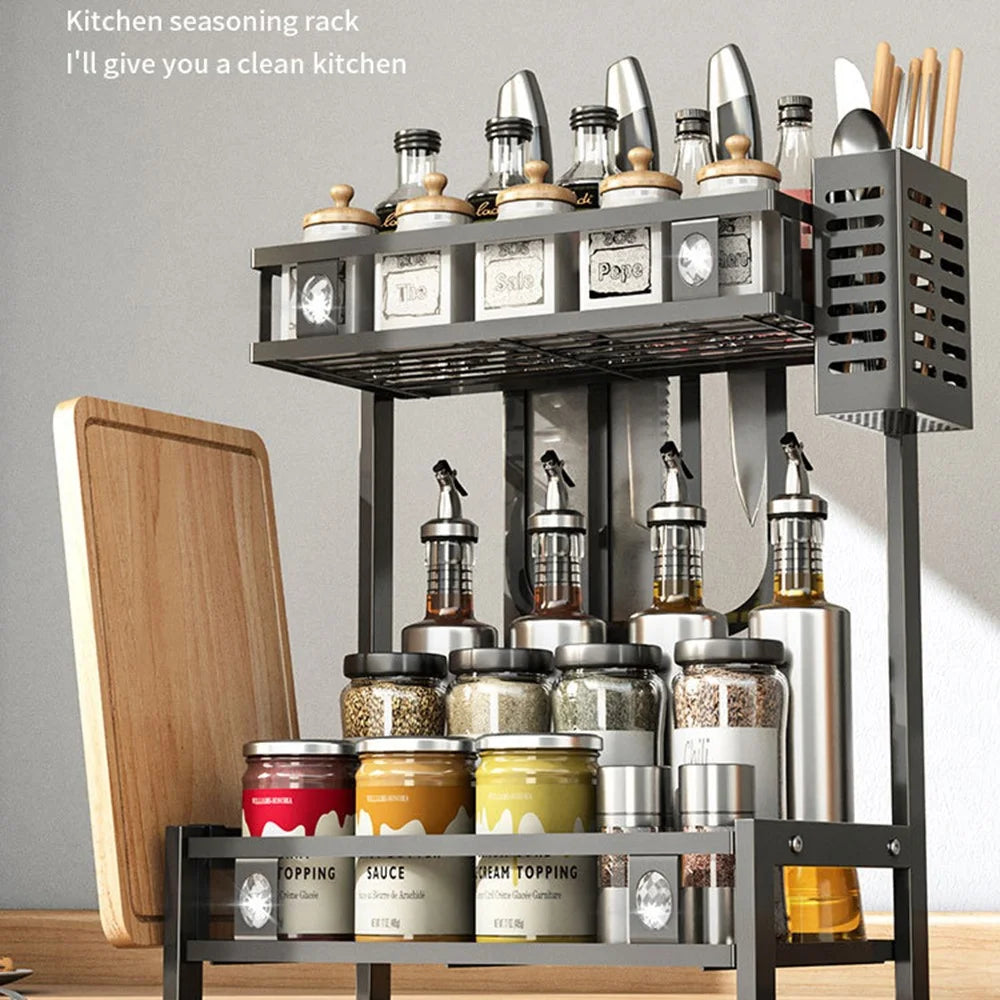 006-6373 2-Layer Black Storage Rack for Kitchen Countertop Spice Container with Cutting Boards, Chopsticks Holder - 2