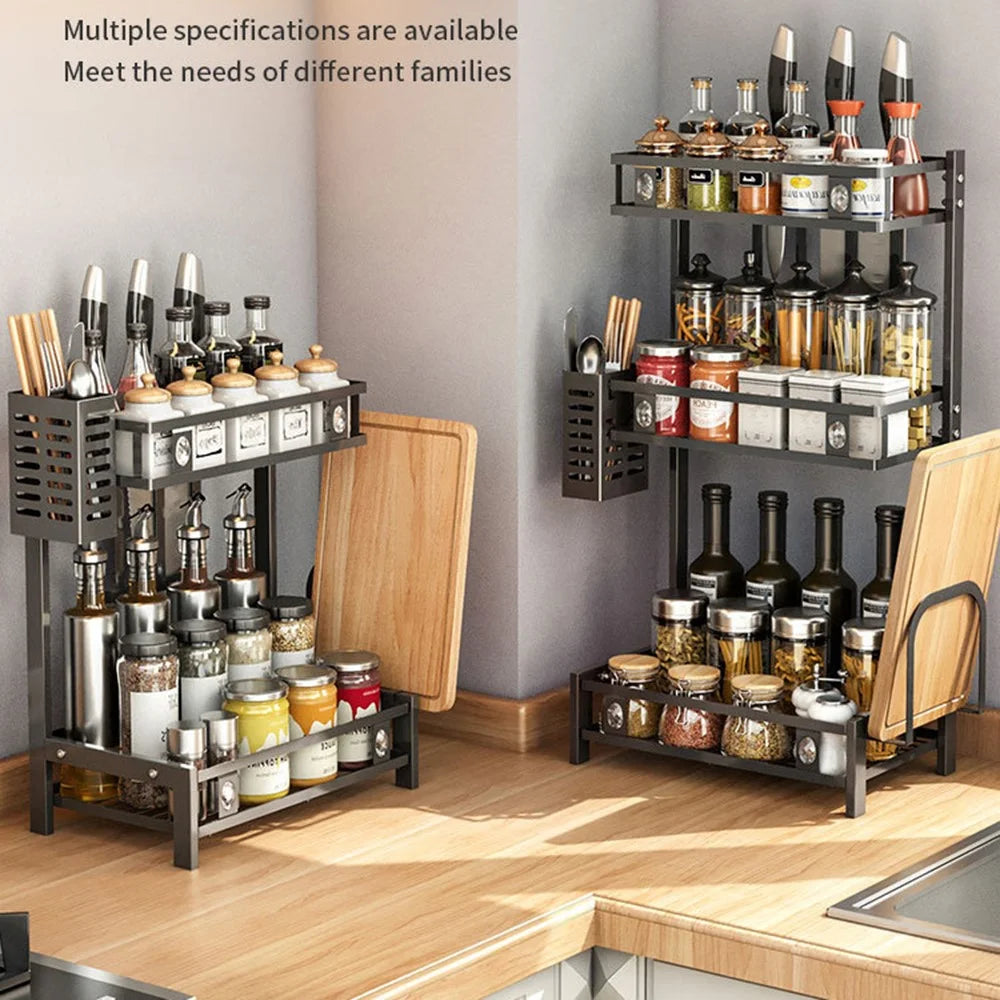 006-6373 2-Layer Black Storage Rack for Kitchen Countertop Spice Container with Cutting Boards, Chopsticks Holder - 3