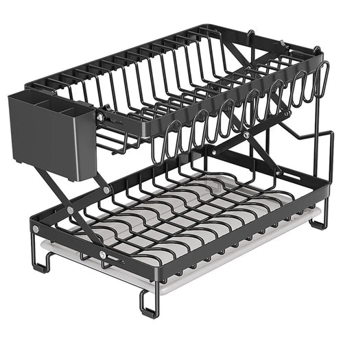 006-WDJ-70178A 2 Tier Dish Drying Rack Folded Kitchen Organizers and Storage Rack with Tray - Black - 1
