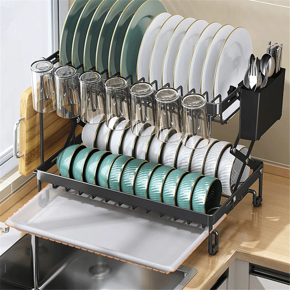 006-WDJ-70178A 2 Tier Dish Drying Rack Folded Kitchen Organizers and Storage Rack with Tray - Black - 2