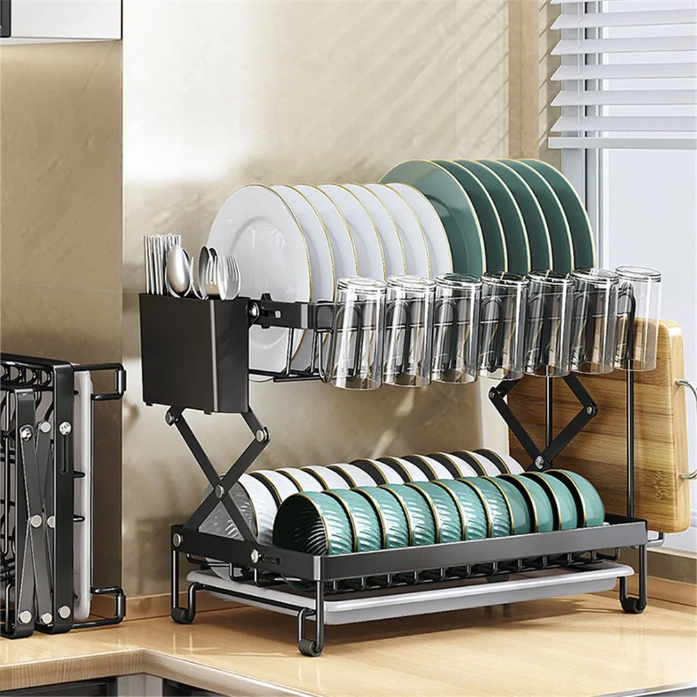 006-WDJ-70178A 2 Tier Dish Drying Rack Folded Kitchen Organizers and Storage Rack with Tray - Black - 3