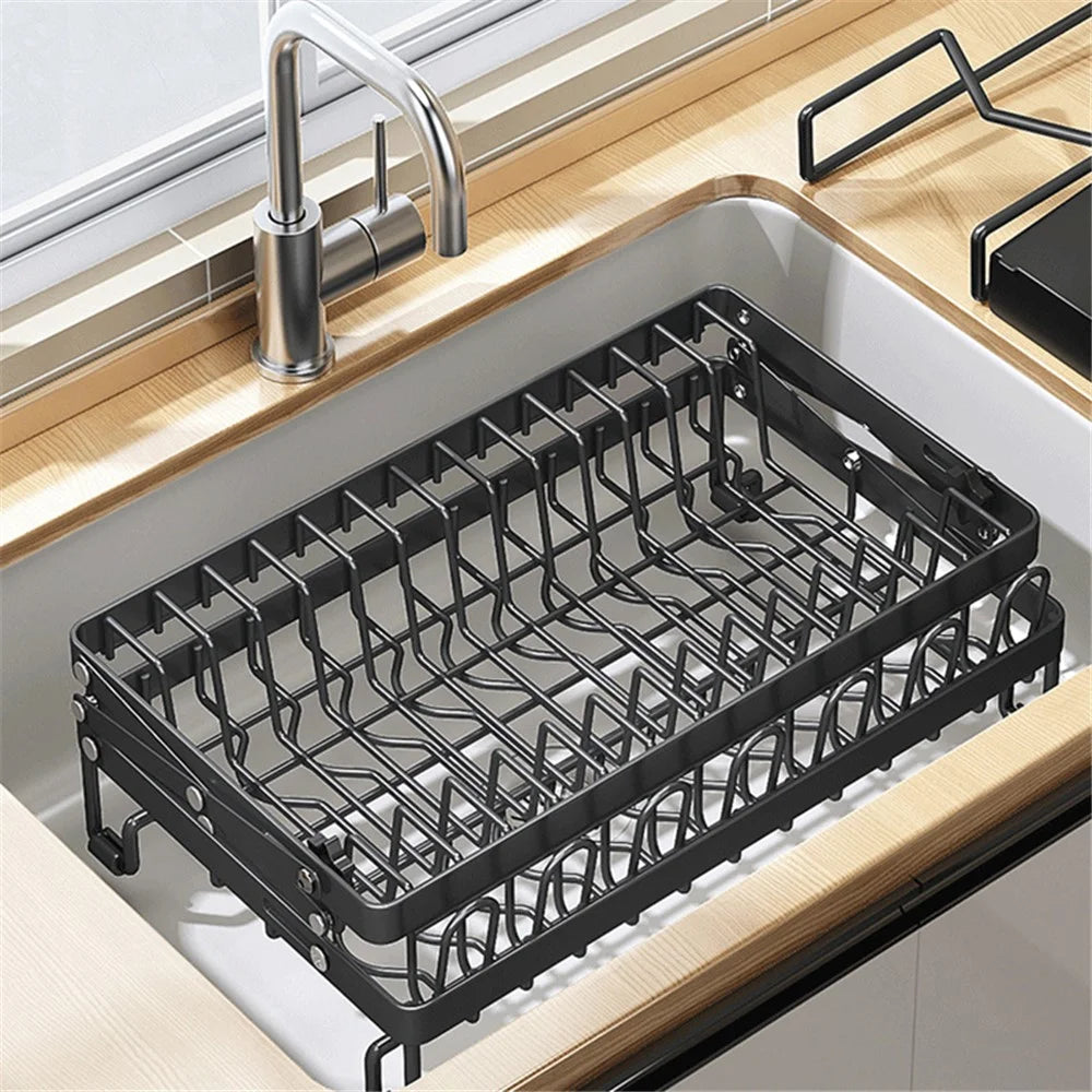006-WDJ-70178A 2 Tier Dish Drying Rack Folded Kitchen Organizers and Storage Rack with Tray - Black - 4