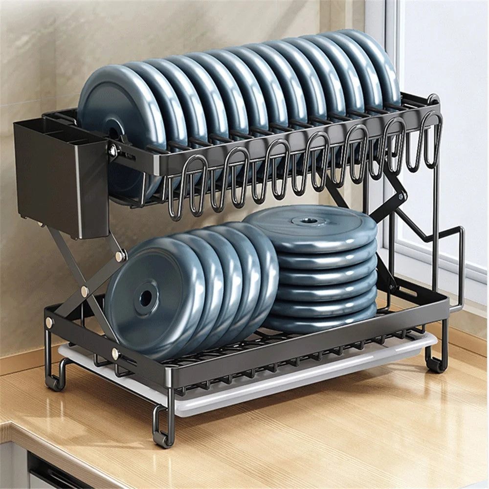 006-WDJ-70178A 2 Tier Dish Drying Rack Folded Kitchen Organizers and Storage Rack with Tray - Black - 7