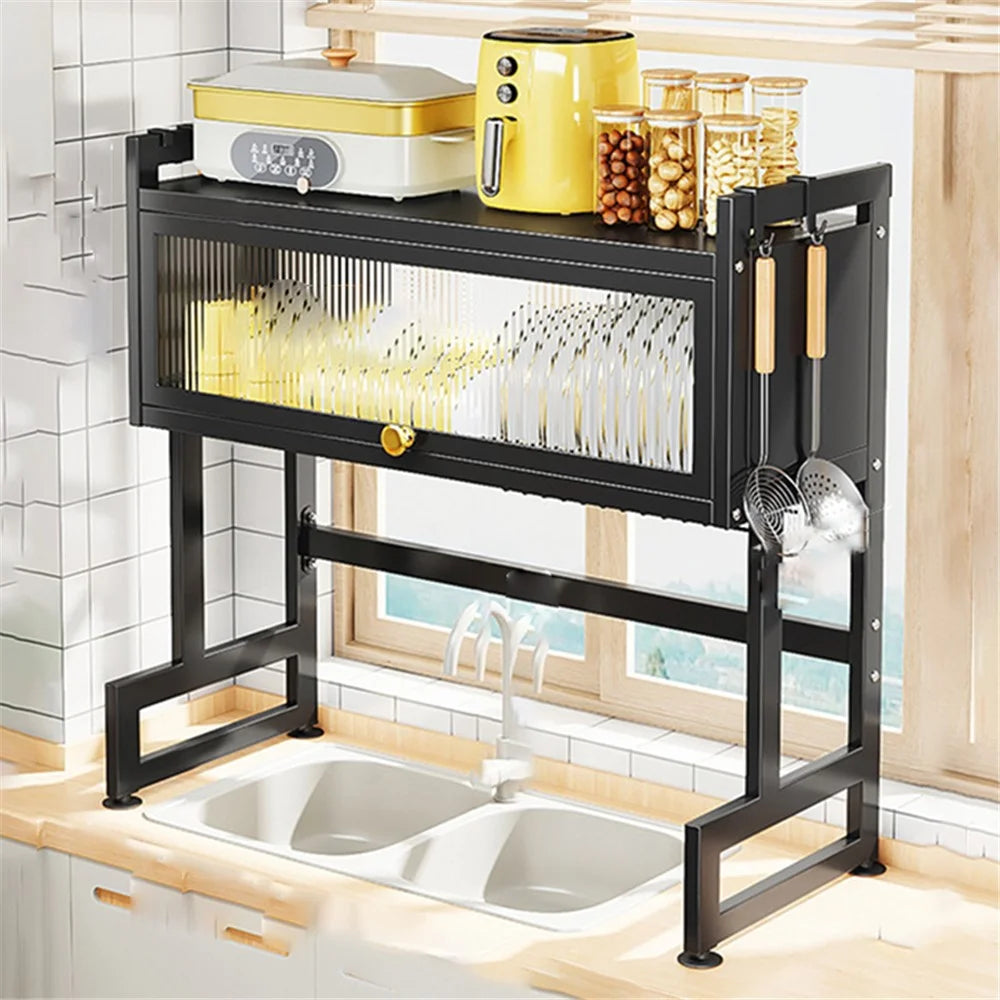 006-SCJ-6838C-85 Drainage Rack with Door Kitchen Sink Organizer Shelf Bowl Storage Rack - Black - 1