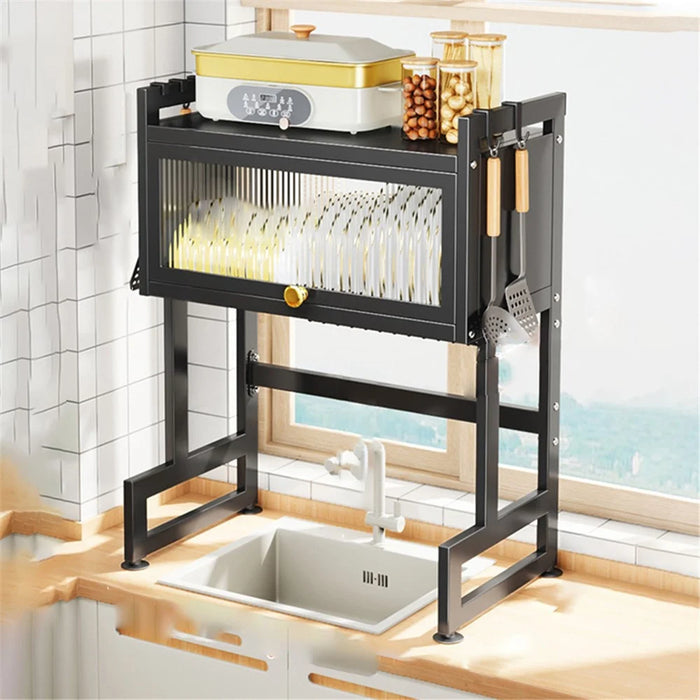 006-SCJ-6837C-65 Over The Sink Dish Drying Rack Kitchen Sink Organizer Dish Drainer with Door, 65X29.5X79cm - Black - 1