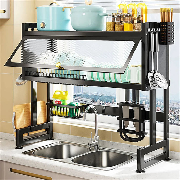 006-SCJ-6837C-65 Over The Sink Dish Drying Rack Kitchen Sink Organizer Dish Drainer with Door, 65X29.5X79cm - Black - 3