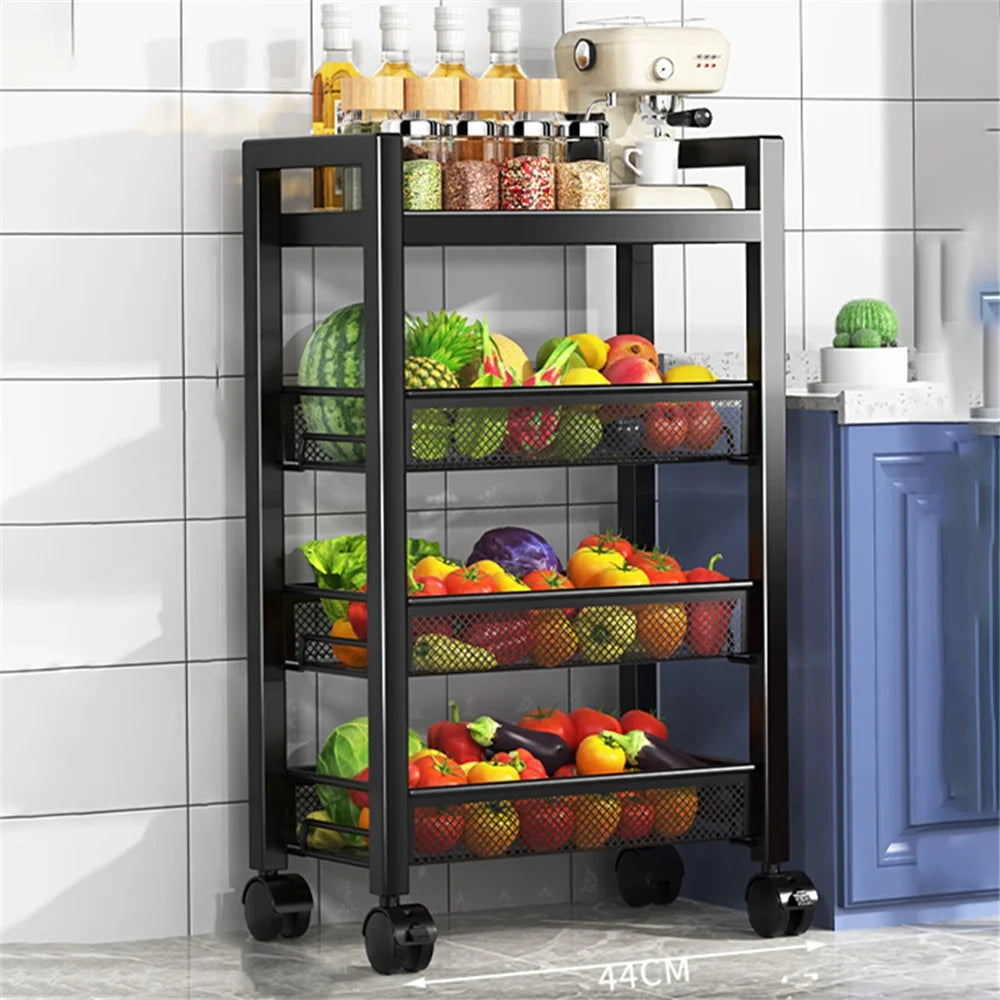 005JGL1047 4-Tier Kitchen Storage Rack with Wheels, Floor-Standing Vegetable Basket - 3 Mesh+1 Tray - 1