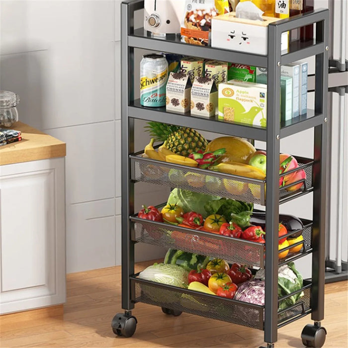 005JGL1047 4-Tier Kitchen Storage Rack with Wheels, Floor-Standing Vegetable Basket - 3 Mesh+1 Tray - 5