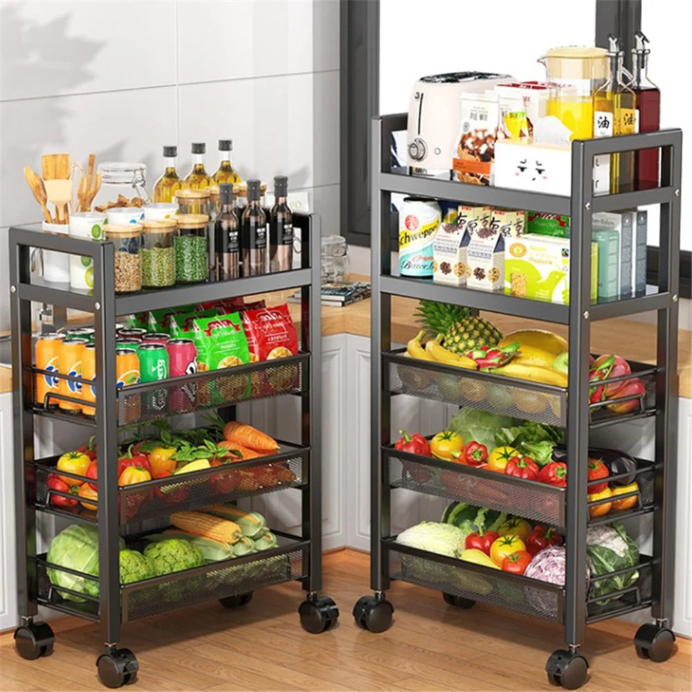 005JGL1049 5-Tiers Trolley Cart with Wheels Kitchen Storage Rack Floor-Standing Vegetable Basket - 2 Mesh+3 Tray - 2