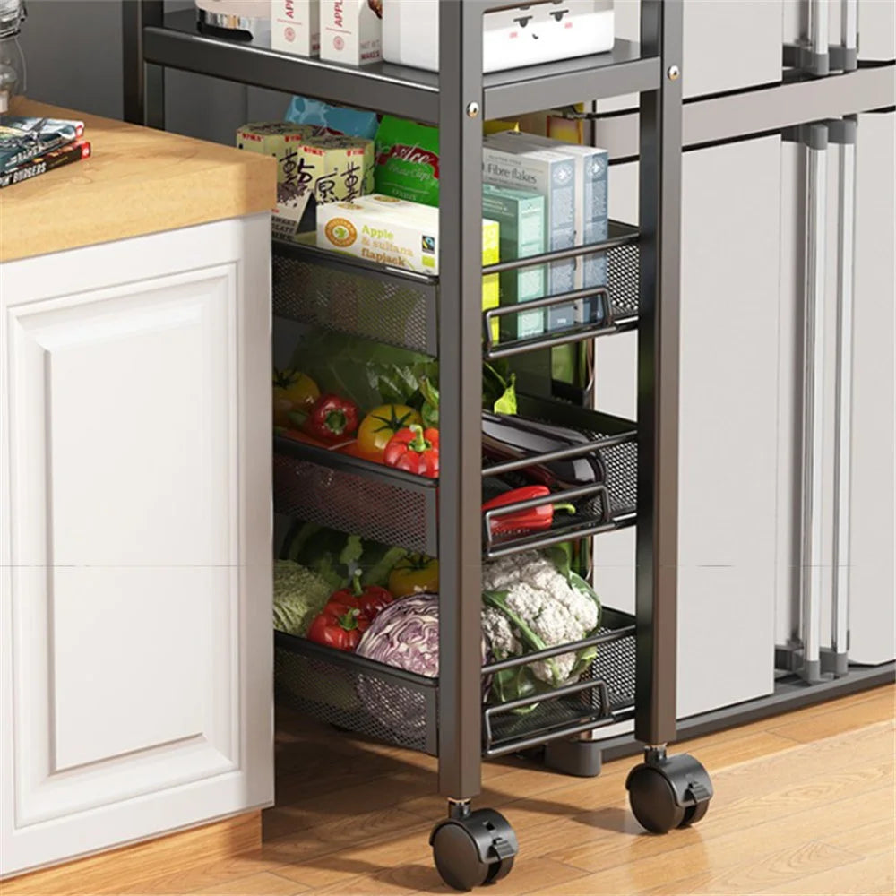 005JGL1049 5-Tiers Trolley Cart with Wheels Kitchen Storage Rack Floor-Standing Vegetable Basket - 2 Mesh+3 Tray - 6