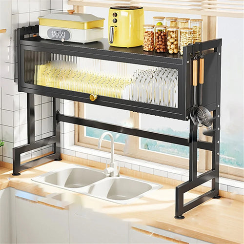 006-SCJ-6838C-105 Over Sink Dish Drying Rack 2 Tier Kitchen Counter Bowls Plates Holder with Door - Black - 1