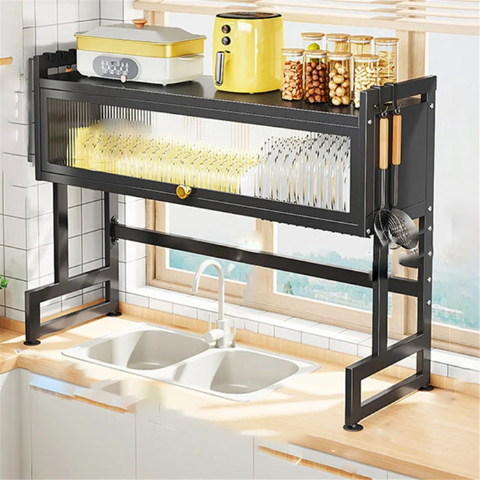 006-SCJ-6838C-105 Over Sink Dish Drying Rack 2 Tier Kitchen Counter Bowls Plates Holder with Door - Black - 1